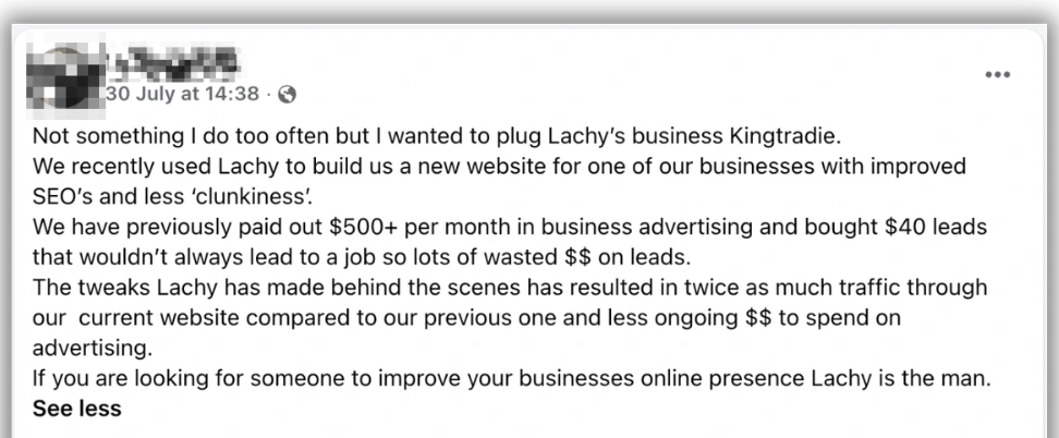 A Facebook post from the business recommending KINGTRADIE, describing twice the website traffic and less spend on advertising