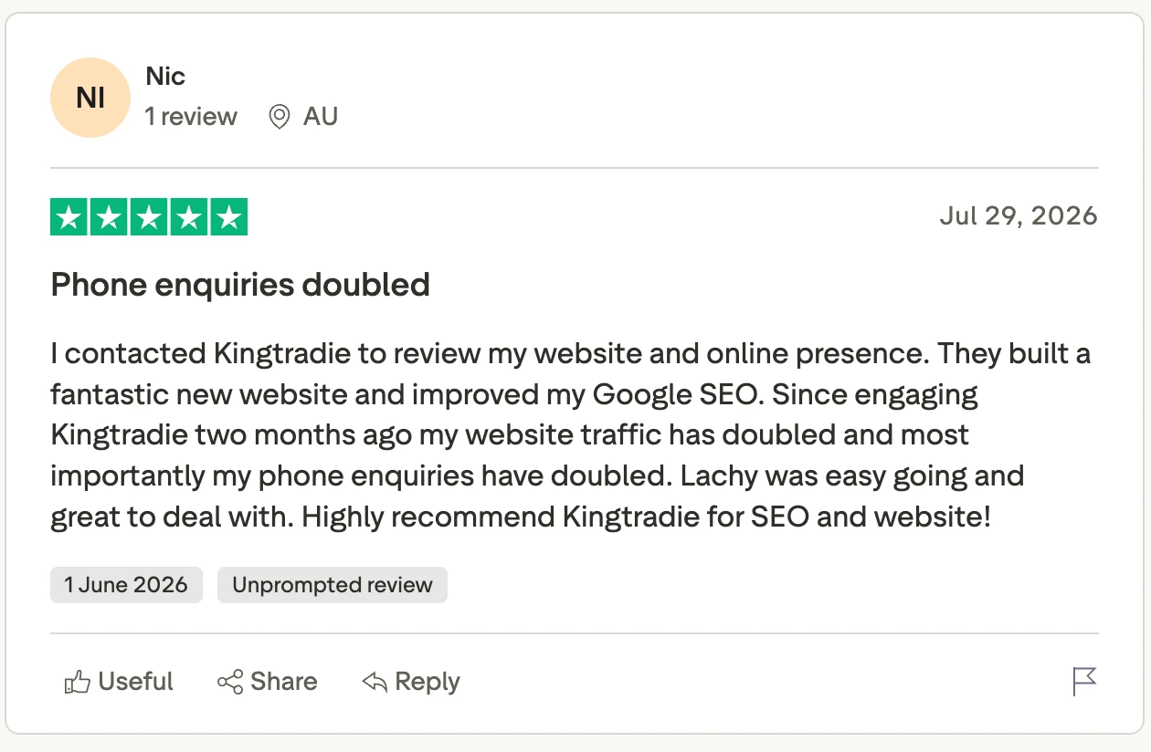A 5-star Trustpilot review of KINGTRADIE titled "Phone enquiries doubled", marked as an unprompted review