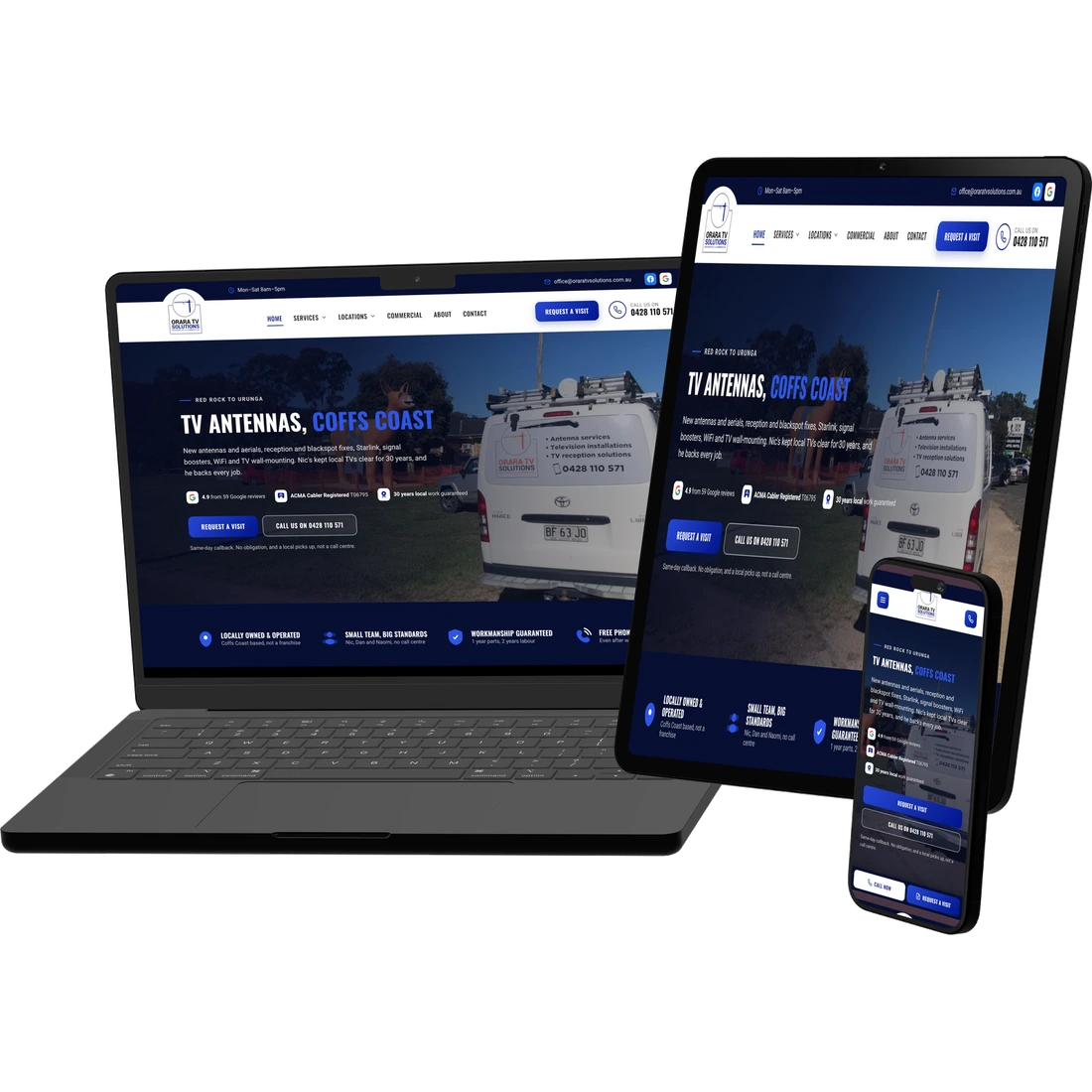 The website we built for Orara TV Solutions, shown on a laptop, tablet and phone