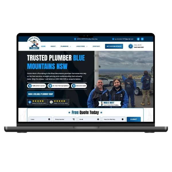 Quick Mick's Plumbing website shown on a MacBook