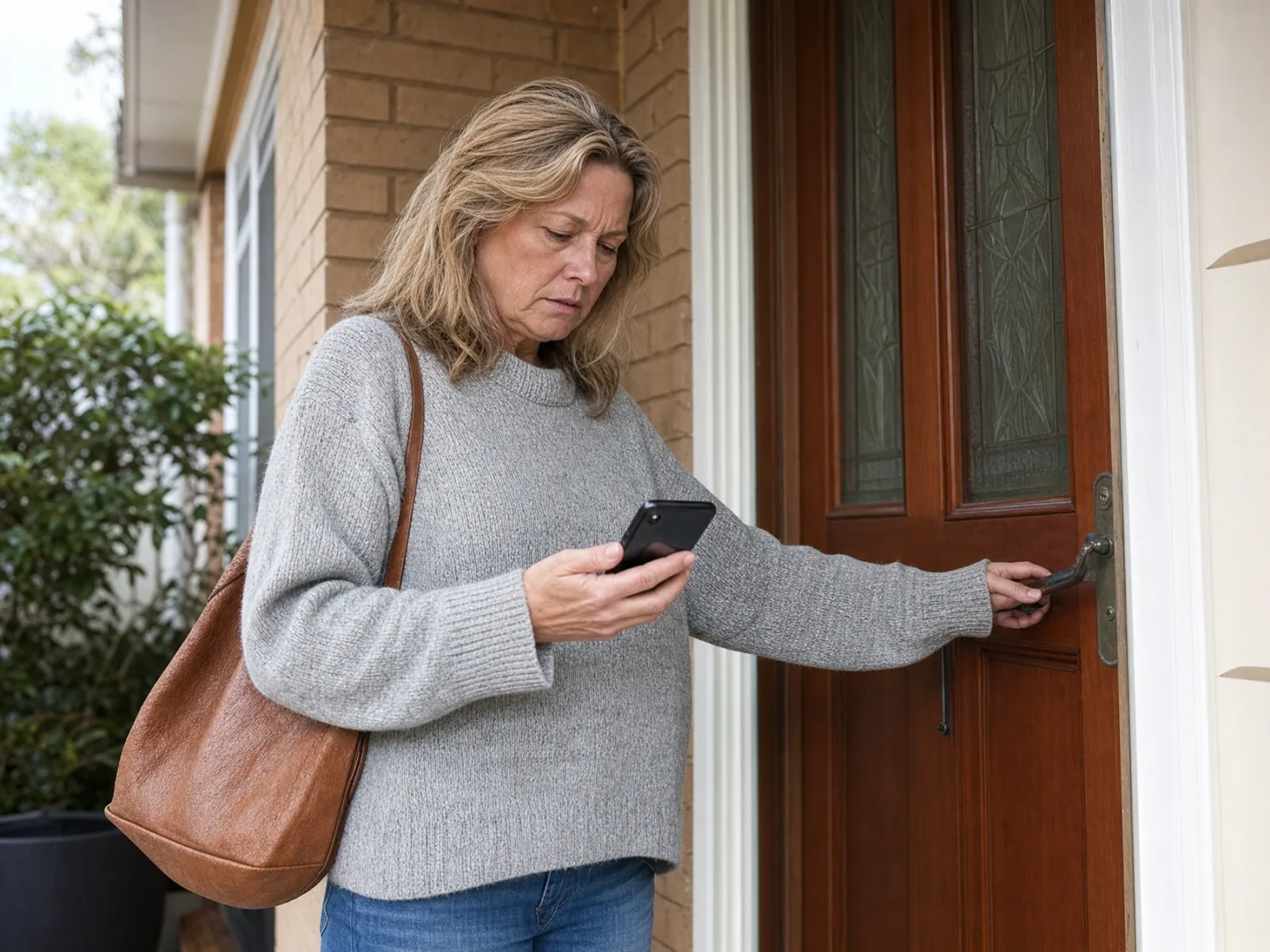 A person locked out at their front door, phone in hand, about to search for a locksmith