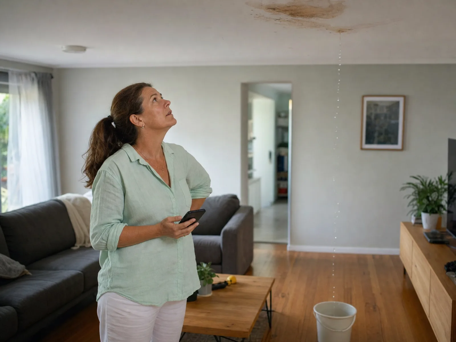 A homeowner in her living room looking up with concern at water dripping through a stained ceiling, phone in hand, about to search for an emergency plumber
