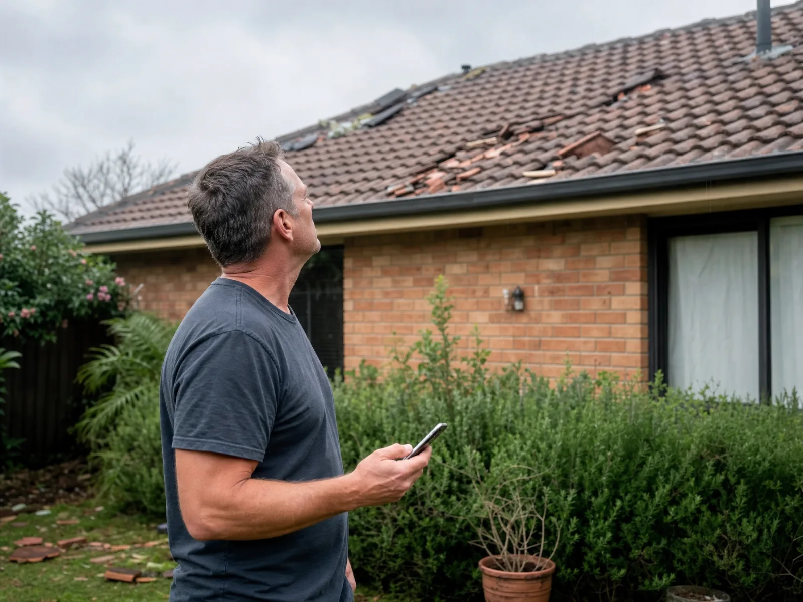 A homeowner in their backyard after a storm, looking up with concern at their damaged roof, phone in hand, about to search for a roofer